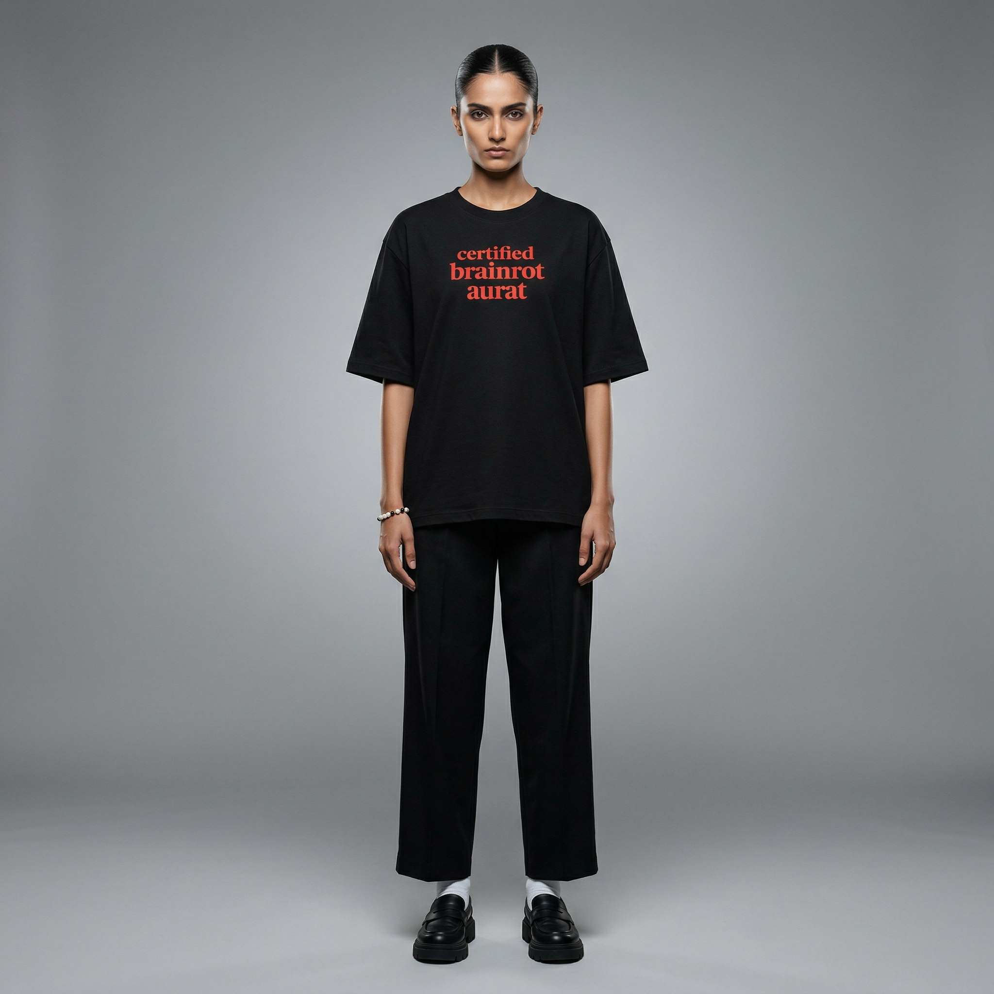 Neutral grey studio, beauty dish high-contrast, back-light halo, intense editorial focus.