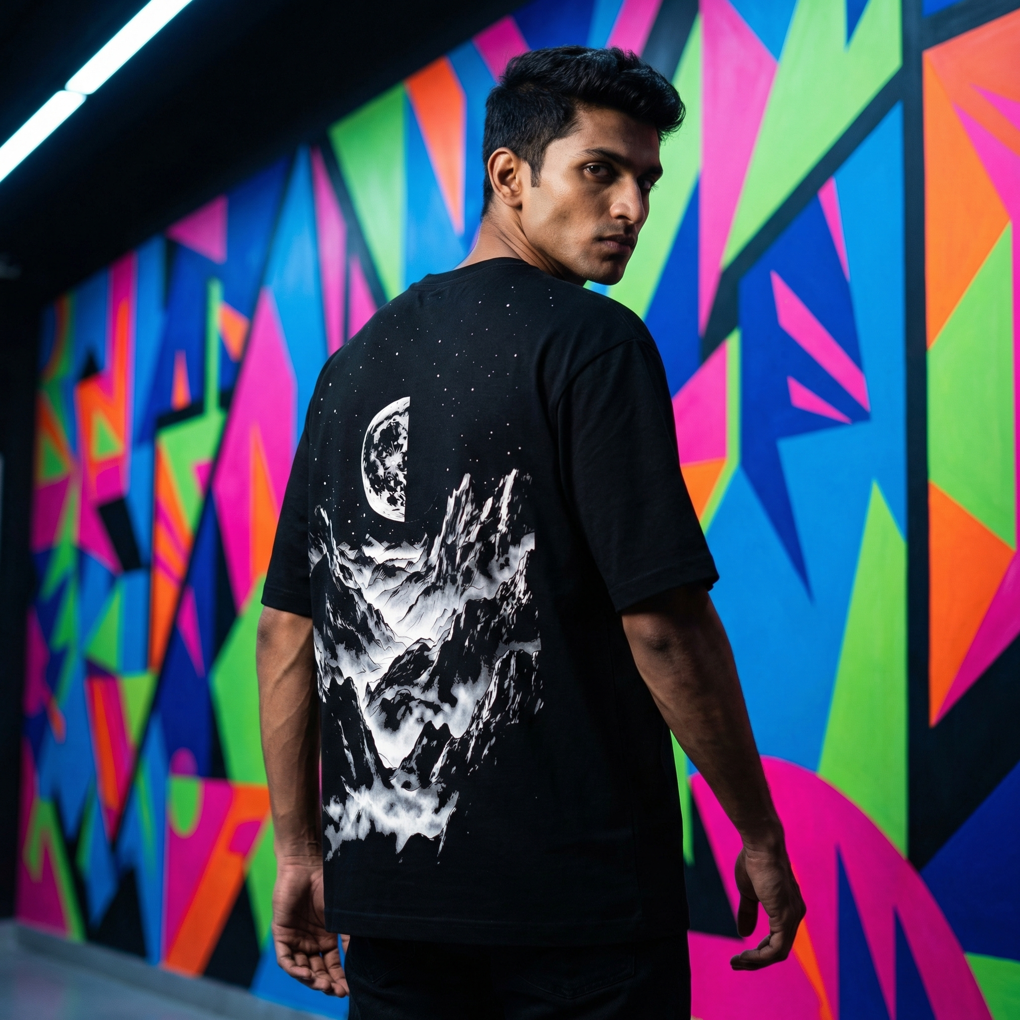 Bold geometric mural backdrop, hard dramatic lighting, back-print design as the scroll-stopping hero.