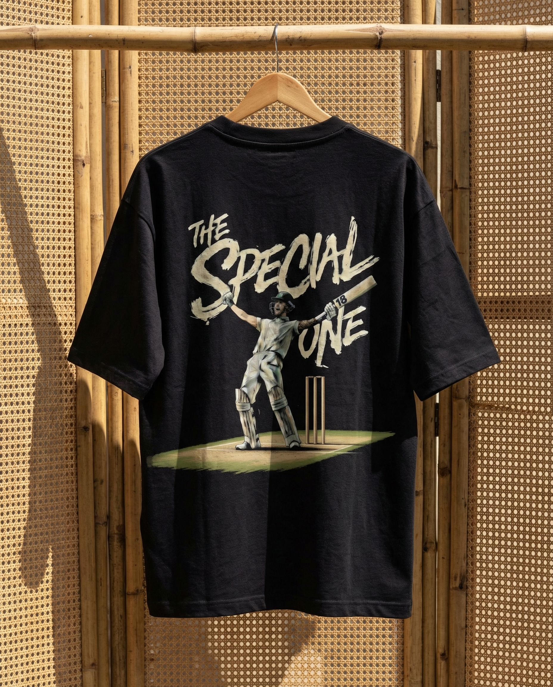 Hanger — woven cane partition, light through gaps, warm behind