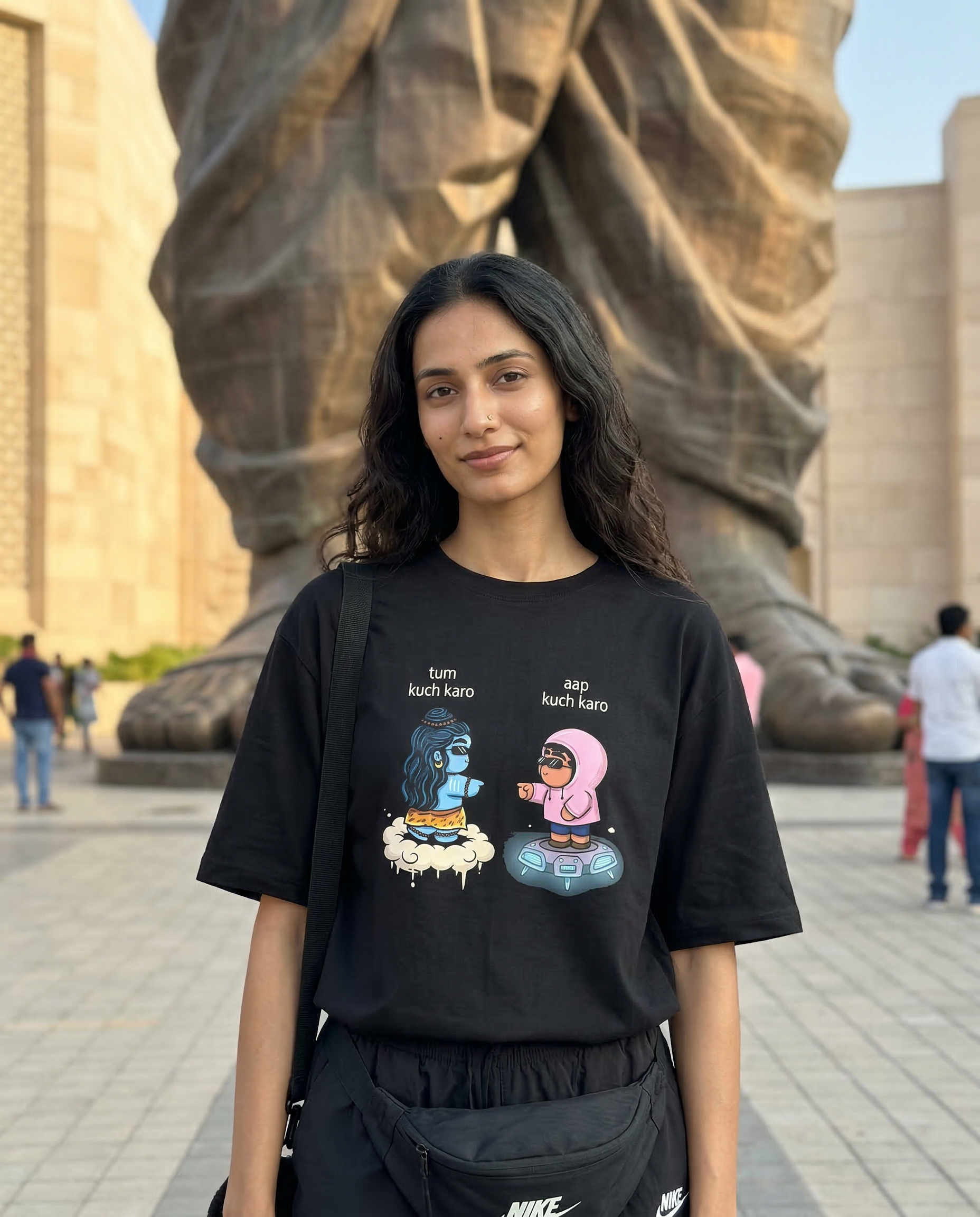 Street Life — Statue of Unity base, massive structure behind, morning