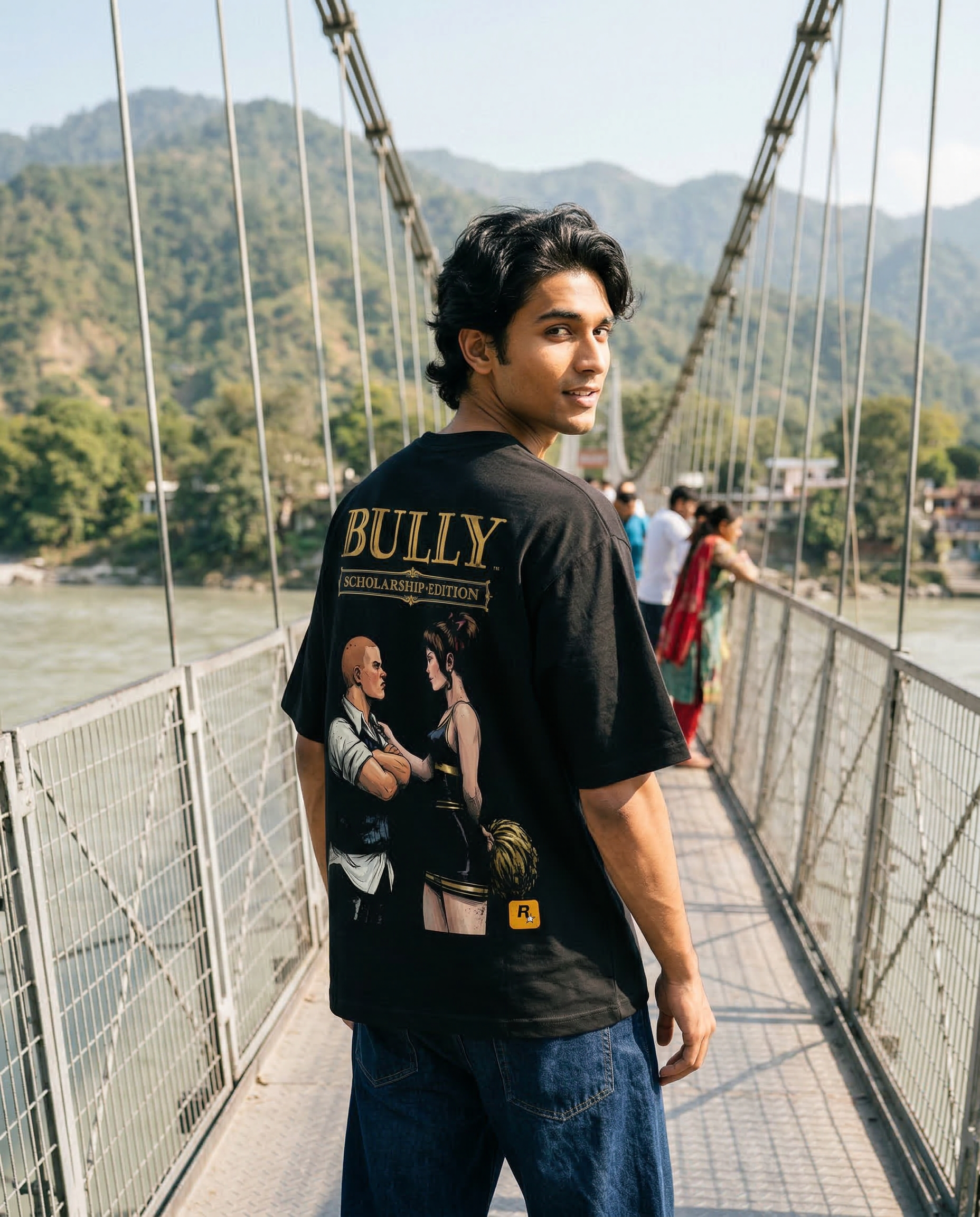 Street Life — Rishikesh Lakshman Jhula bridge, river below, mountain 