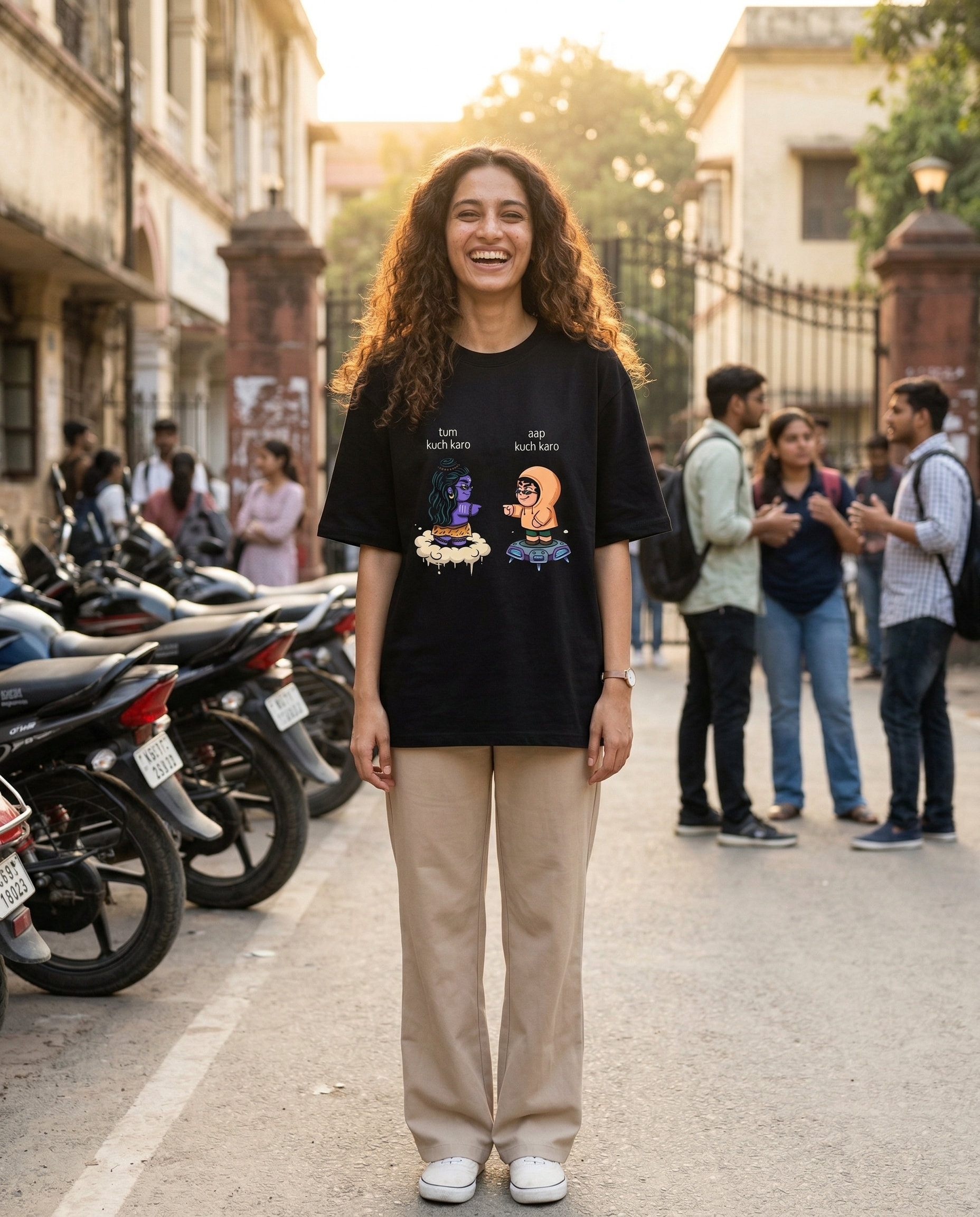 Street Life — outside a college gate, bikes parked, friends scattered