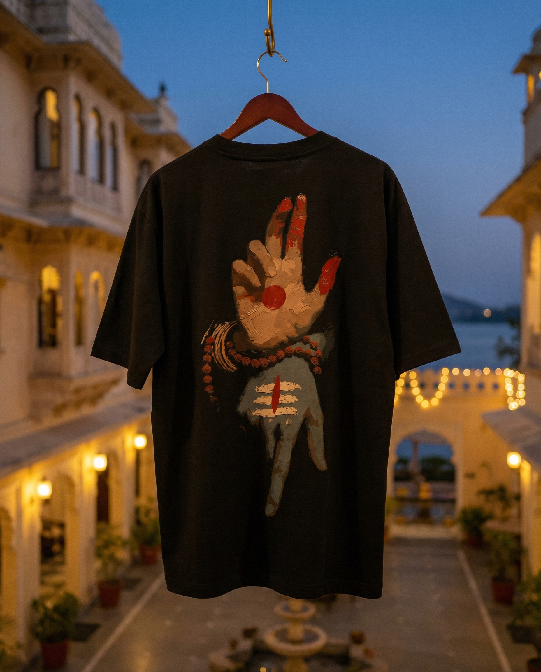 Hanger — hanging over a Udaipur Haveli courtyard at dusk, warm lamp glow a