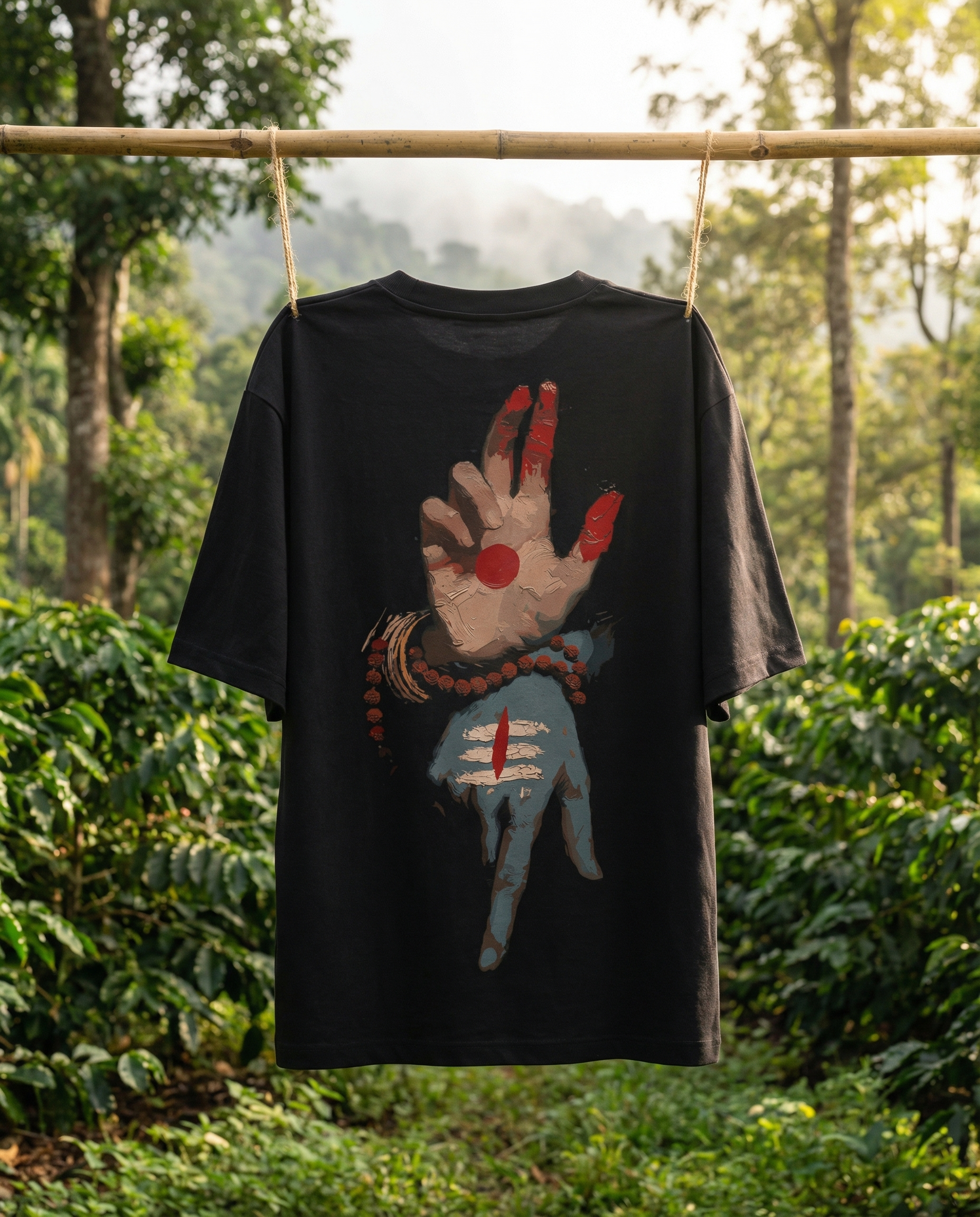 Hanger — suspended in a Coorg coffee plantation clearing, lush green hills